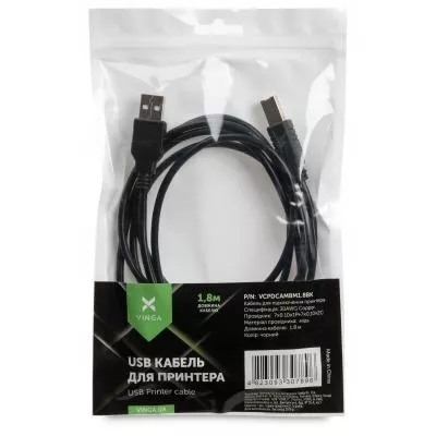 Кабель для принтера USB 2.0 AM/BM 1.8 m Vinga (VCPDCAMBM1.8BK), фото №4