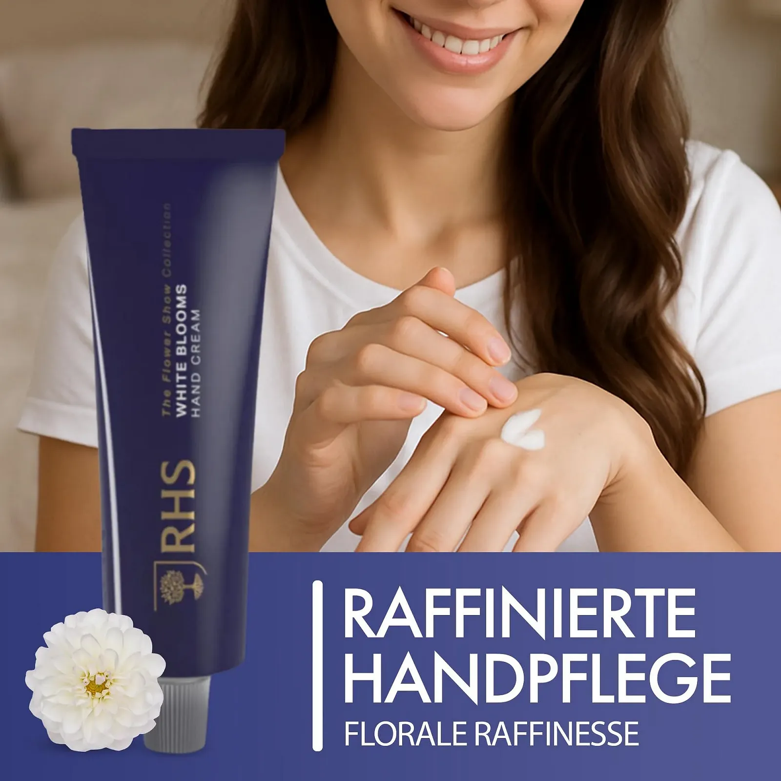 Крем для рук RHS Flower Show White Blooms Зволожуючий з олією ши, з ароматом троянди, жасмину та ванілі - 50 мл, фото №8 Крем для рук RHS Flower Show White Blooms Зволожуючий з олією ши, з ароматом троянди, жасмину та ванілі - 50 мл, фото №8