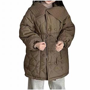 Вязаная куртка для девочки Kinder с меховым воротником, зимняя утолщенная хлопковая куртка, ветрозащитный топ с длинными рукавами, куртка средней длины, теплая хлопковая куртка с длинными рукавами, повседневные топы (2-8 лет) - Фото 1