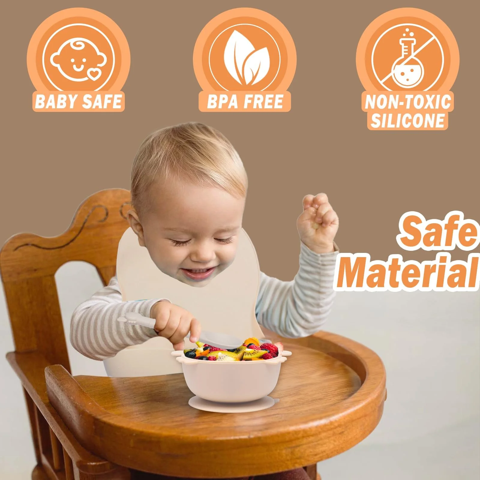 Набір дитячого посуду Kinyoda 10 предметів, силіконовий, нековзкий, з присоскою, з ложкою, виделкою, мискою, слинявчиком, чашкою, тарілкою, бежевий, фото №6 Набір дитячого посуду Kinyoda 10 предметів, силіконовий, нековзкий, з присоскою, з ложкою, виделкою, мискою, слинявчиком, чашкою, тарілкою, бежевий, фото №6