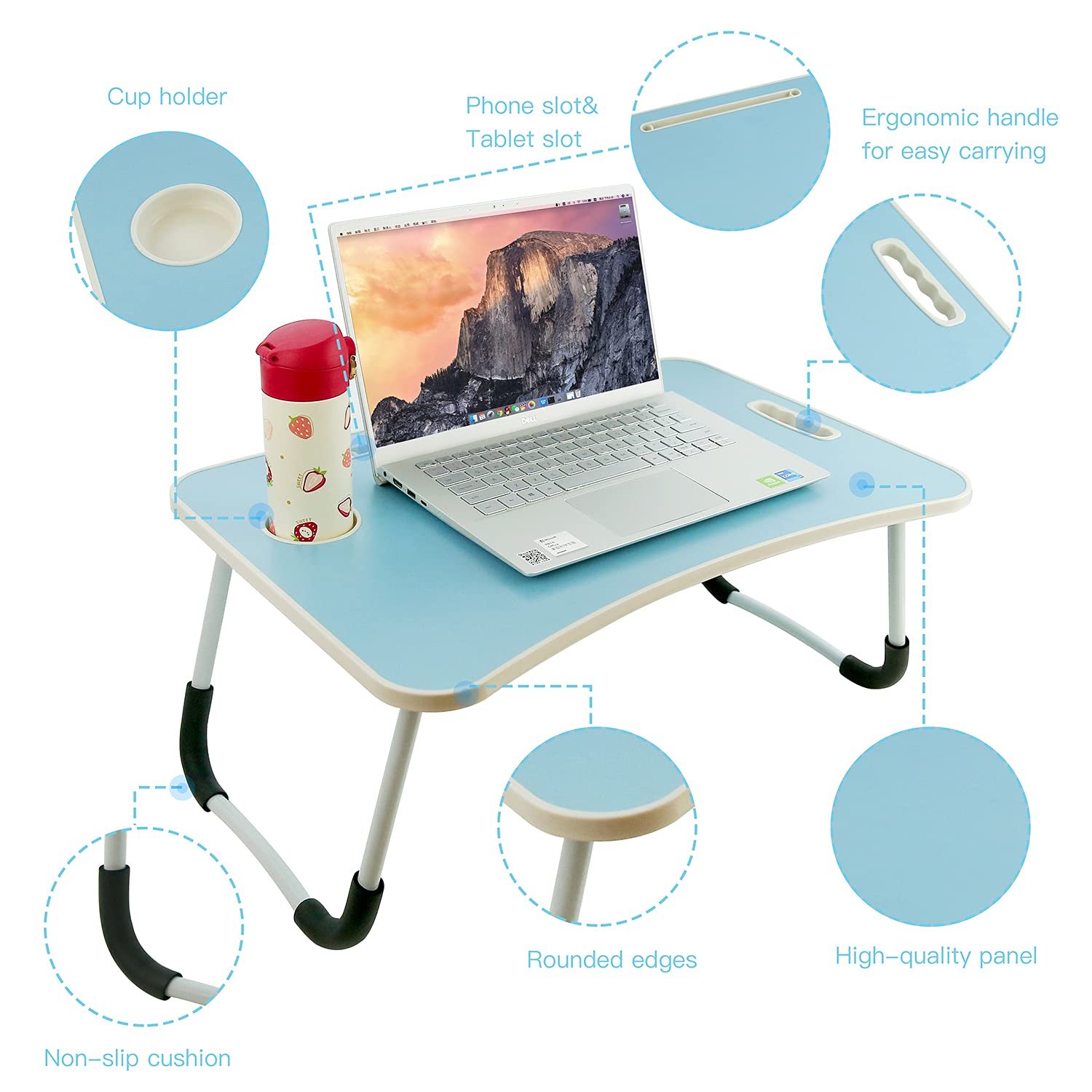 Столик для ноутбука Регулируемый складной с подставкой для чашки и нескользящей подушкой Синий, фото №7