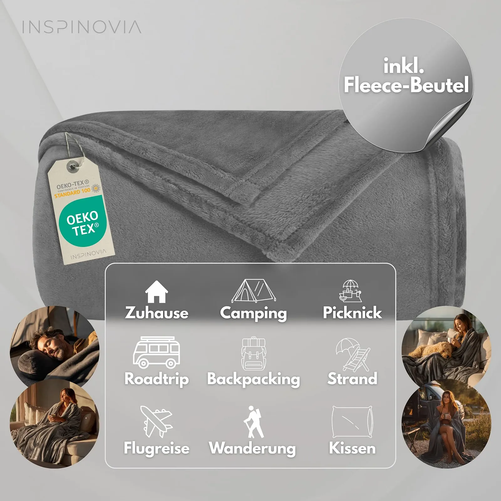 Покривало з мікрофібри INSPINOVIA Фліс 150 x 200 см з сумкою Сірий, фото №5