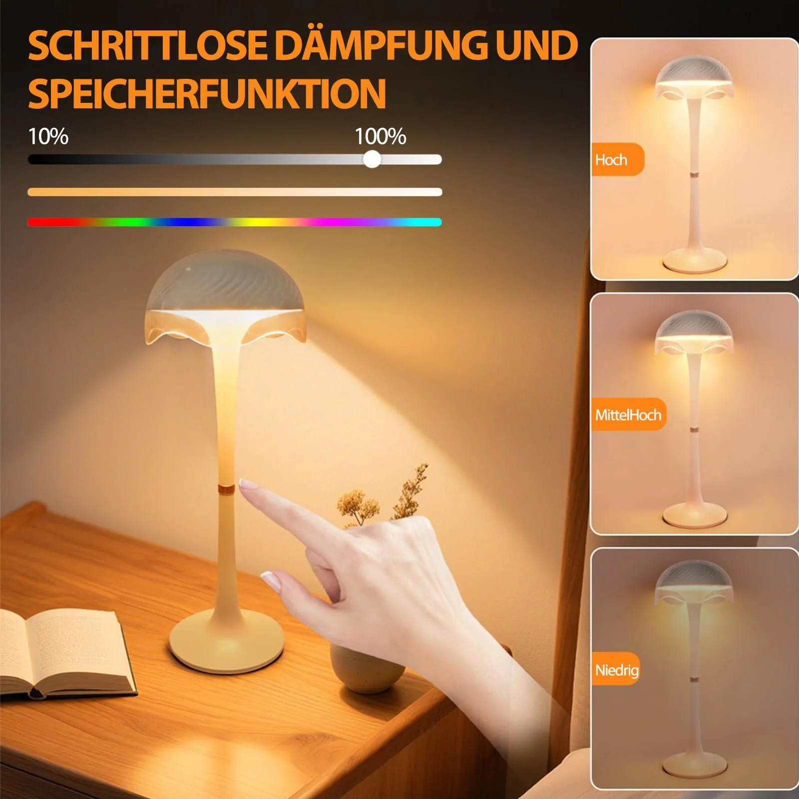 Настільна лампа Mushroom LED Акумуляторна Сенсорна RGB USB 2700K-6500K Метал, фото №5