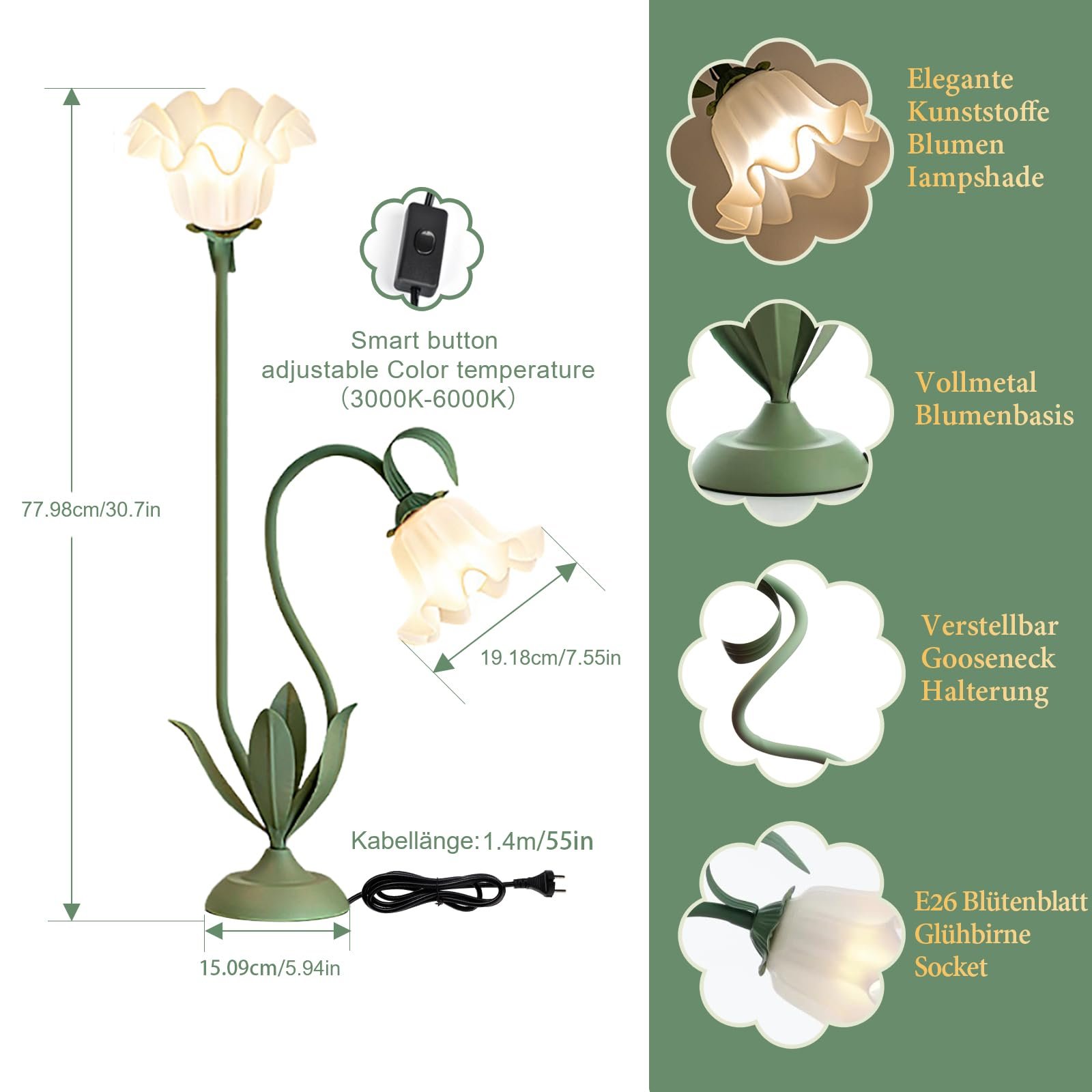 Настільна лампа Квітка Подвійна Металева Поворотна з вимикачем на кабелі, фото №4