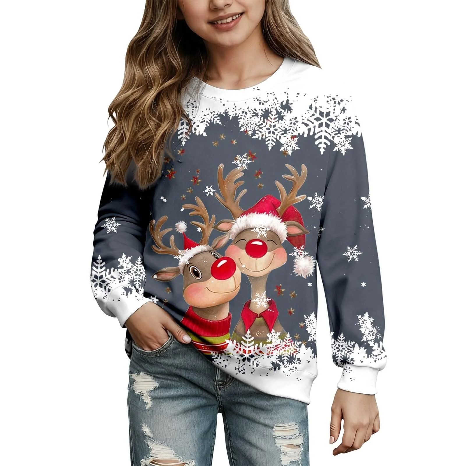 Дівчачий світшот з круглим вирізом, мультяшний олень, довгий рукав, фото №1