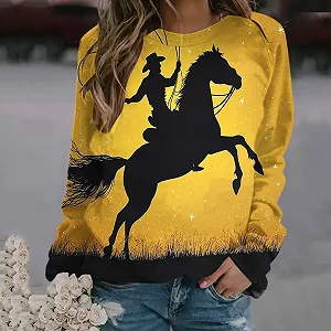 Лонгслив Komiseup Basic Круглый вырез Свободный Свитшот без капюшона Western Cowboy Принт Свитшот Праздничная Спортивная футболка Модный топ с принтом лошади для девочек-подростков Streetwear 23 synthetic.ua - Фото 1