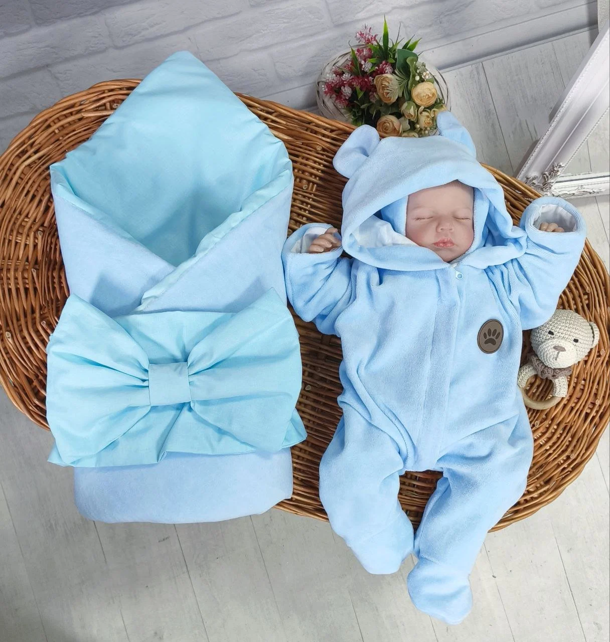 Набір на виписку, демісезонний набір Велюр для новонародженого, весна-осінь блакитний, фото №1