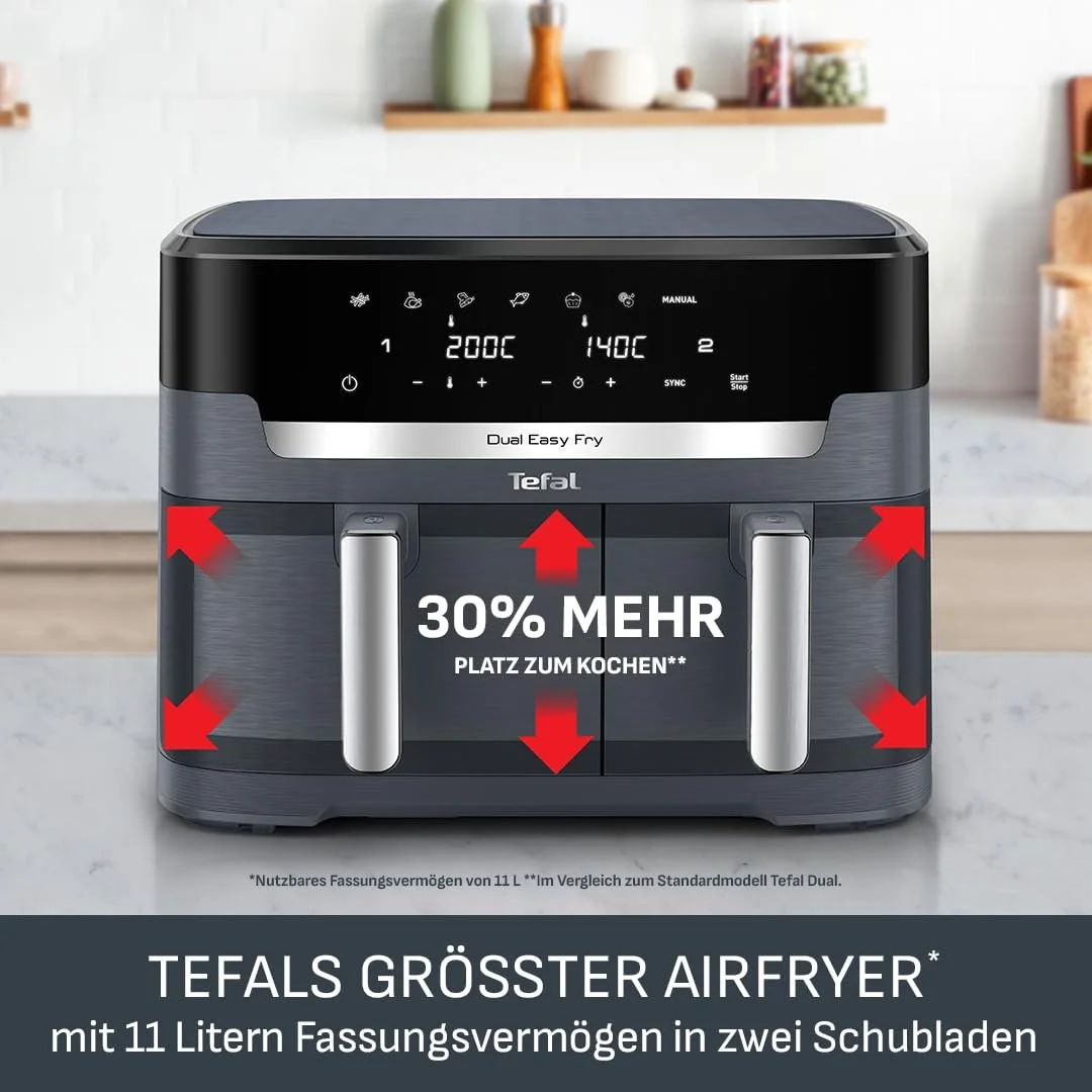 Мультипечь Tefal Dual Easy Fry XXL EY942B 11 л 2 камеры 7 программ 2700 Вт Digital Display Extra Crisp, фото №2 Мультипечь Tefal Dual Easy Fry XXL EY942B 11 л 2 камеры 7 программ 2700 Вт Digital Display Extra Crisp, фото №2