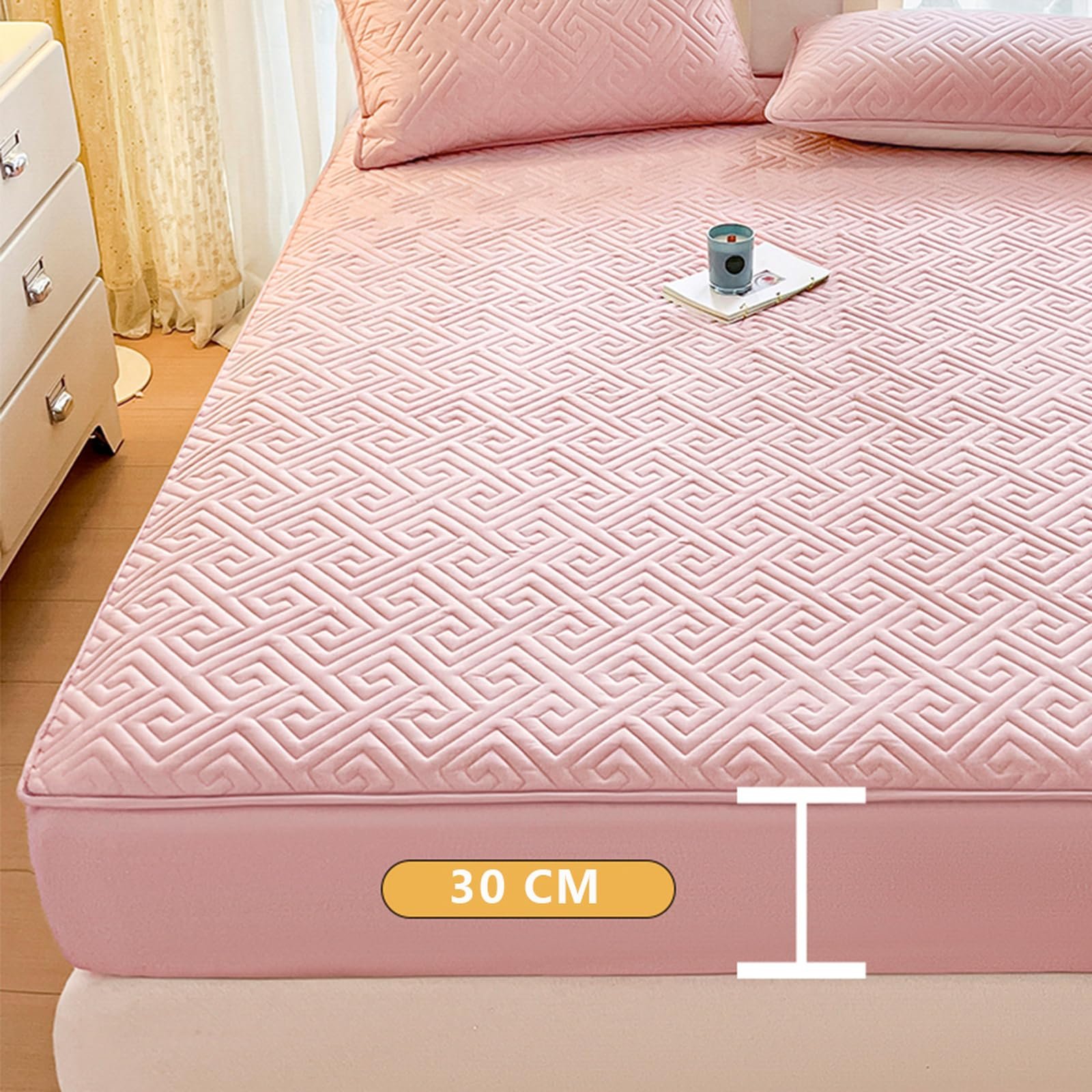 Наматрасник HAIBA стеганый 180 x 220 см серый. Простынь натяжная для кровати Boxspring до 30 см высотой. Трикотаж, органический хлопок, очень мягкая простынь с 2 наволочками., фото №4