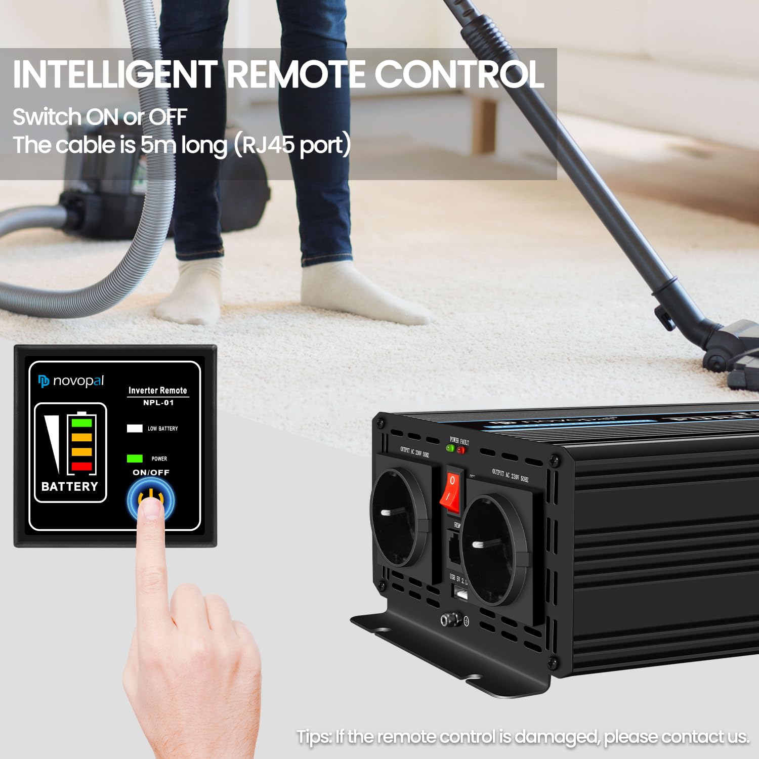 Інвертор Novopal Voltage Converter 1000 Вт з чистою синусоїдальною хвилею 12 В до 230 В з 2 євро розетками та USB портом з дистанційним управлінням на 5 метрів, фото №4