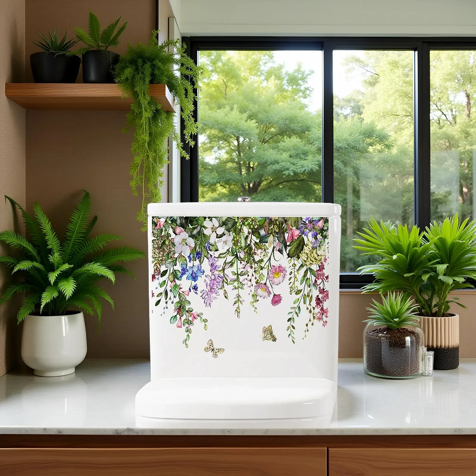 Наклейка для туалету Зелене листя квітів Самоклеюча Floral, фото №2 Наклейка для туалету Зелене листя квітів Самоклеюча Floral, фото №2