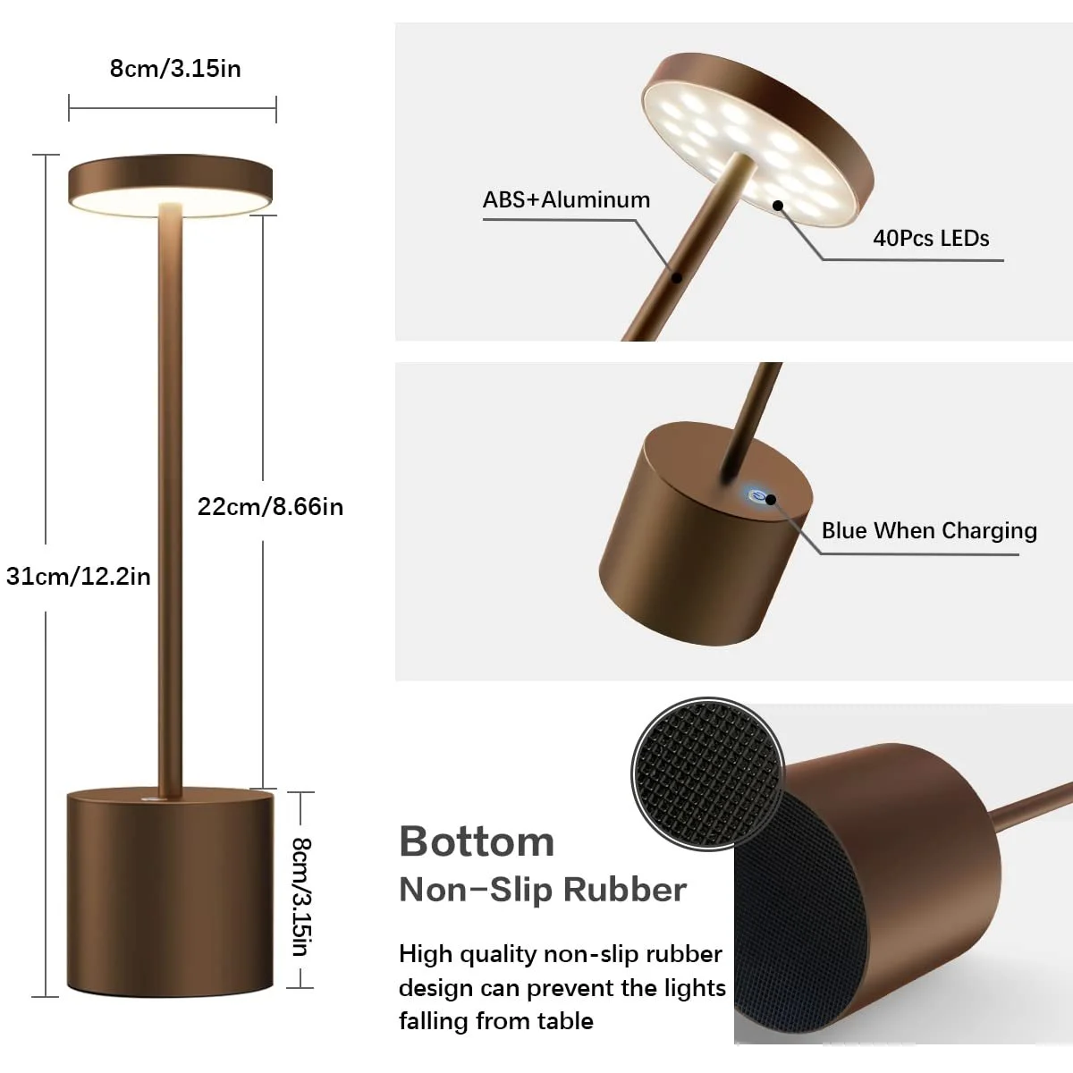 Настільна лампа LED 2 шт. Бездротова з акумулятором 5000 мАг Алюміній Коричневий, фото №5