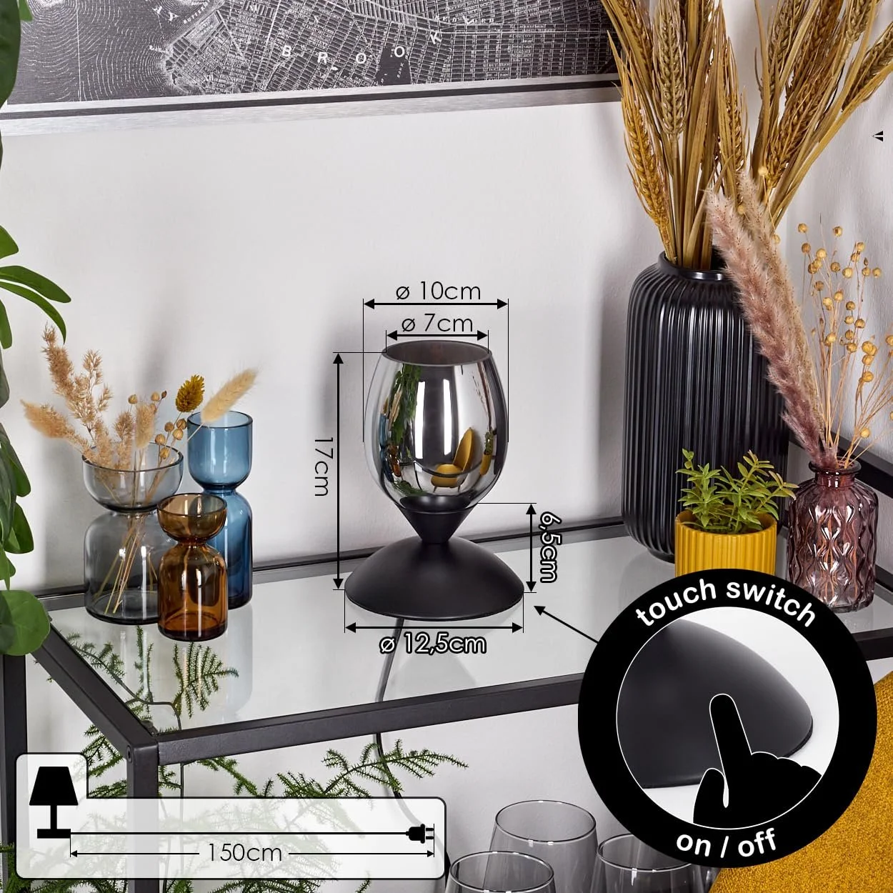 Настільна лампа Verfidelas Метал/Скло E14 17 см Чорна/Хром/Димчаста, фото №5