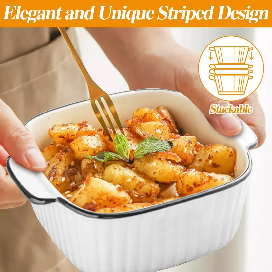 Набір форм для запікання керамічних квадратних з ручками 4 шт 14.5 x 11.5 x 5.5 см 400 мл, фото №4