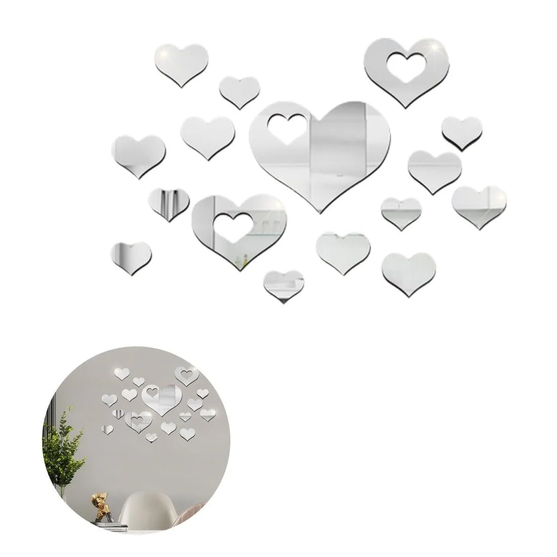 Наклейки на стіну LEEQ Акрилові дзеркальні Серця 16 шт. Сріблястий, фото №1
