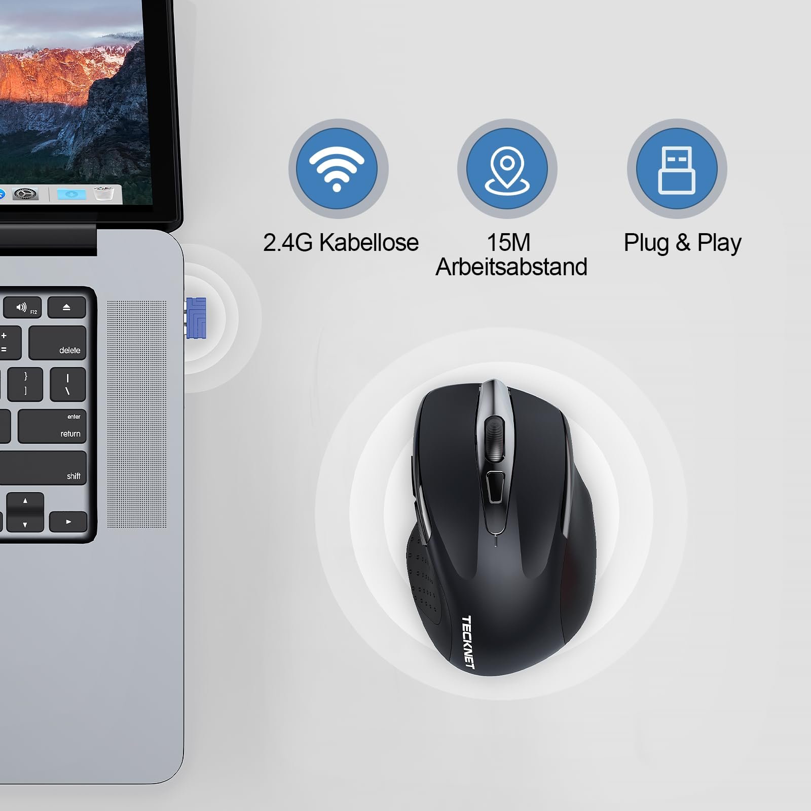 Мышь TECKNET Беспроводная, Перезаряжаемая 4800 DPI 2.4GHz Оптическая, 6 кнопок, Черный, фото №5