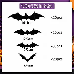 Наклейки на стіну Хелловін 3D Кажани 120 шт. 4 розміри Водостійкий PVC Чорний synthetic.ua - Фото 1