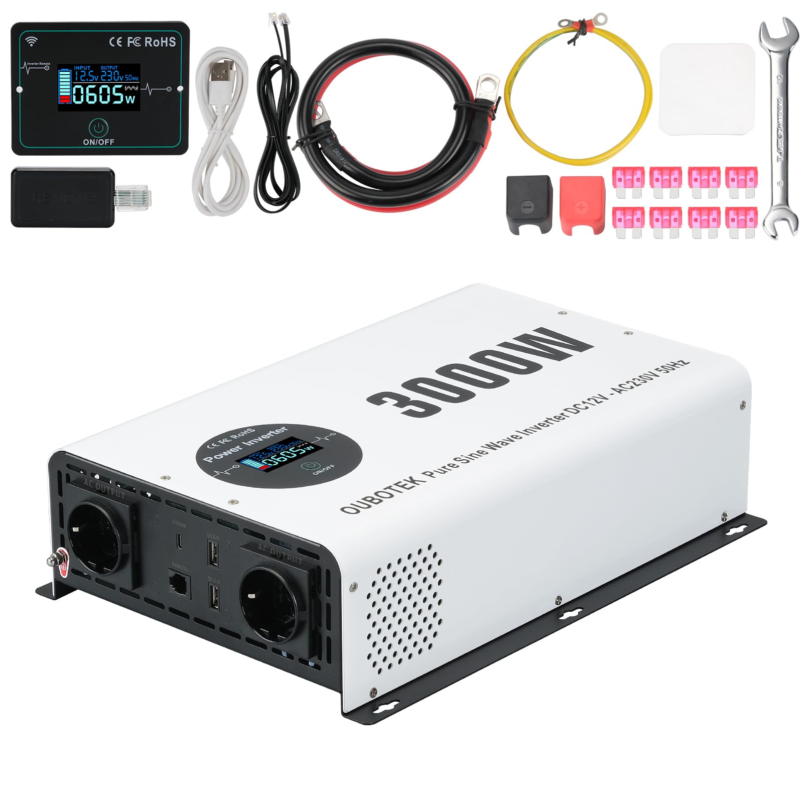 Перетворювач OUBOTEK 3000W/6000W Чистий синус DC 12V до AC 230V з бездротовим пультом дистанційного керування LCD дисплей 2 AC розетки 2 USB-A та 1 Type-C, фото №1