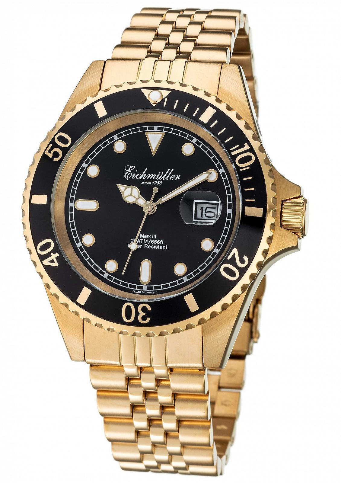 Чоловічий годинник Eichmüller Diver з нержавіючої сталі із золотом Відображення дати та обертовий безель 200M, чорний-золотий, браслет, фото №1
