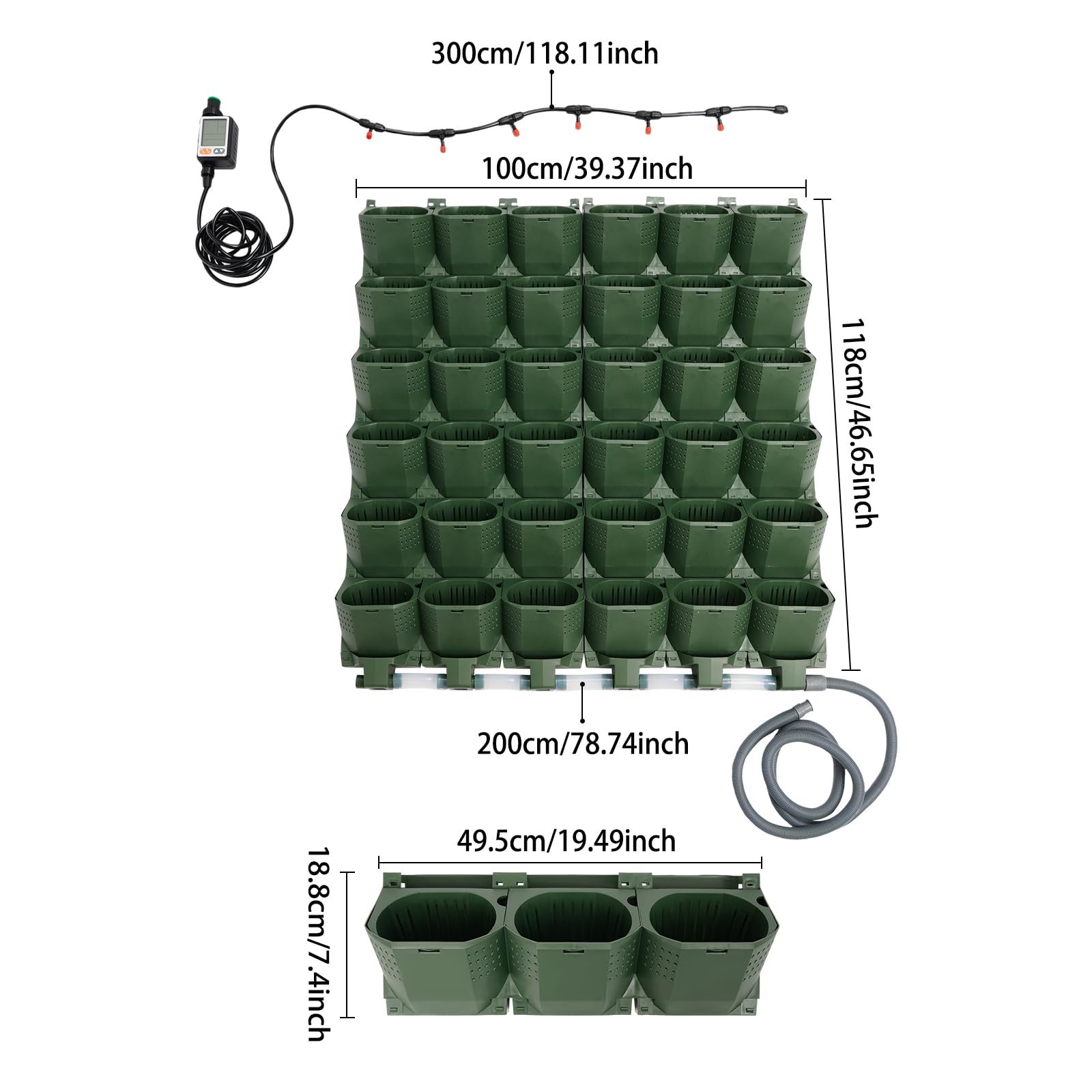 Вертикальний настінний квітковий горщик штабельований з автоматичною системою поливу 36 шт Зелений, фото №3