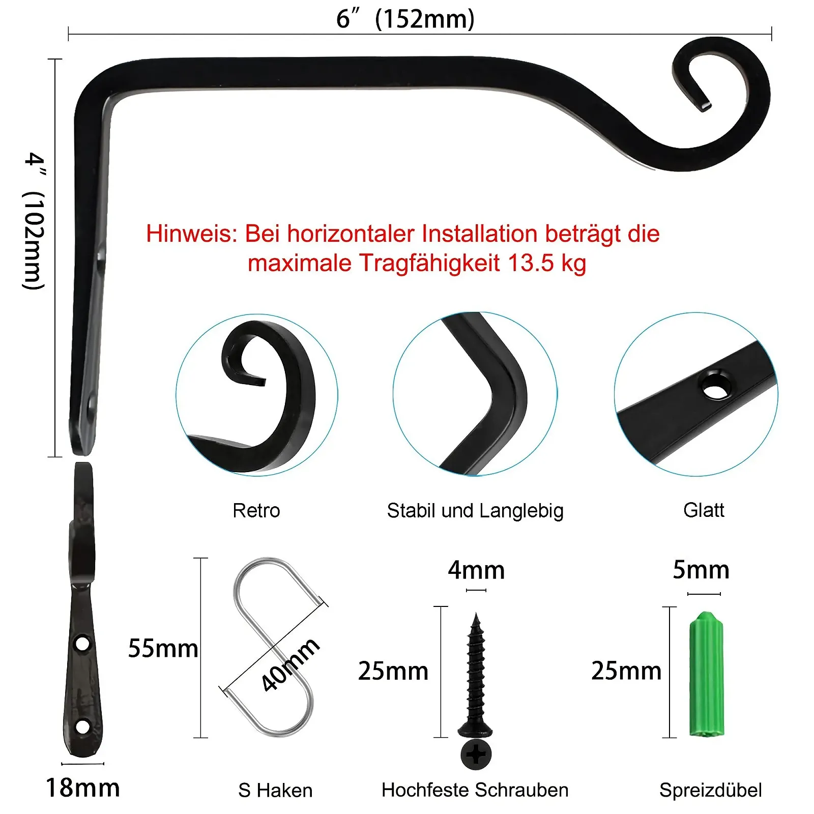 Кронштейн для підвісного кошика Подовжена версія Набір 2 шт. 15 x 10 см Залізний Чорний, фото №7