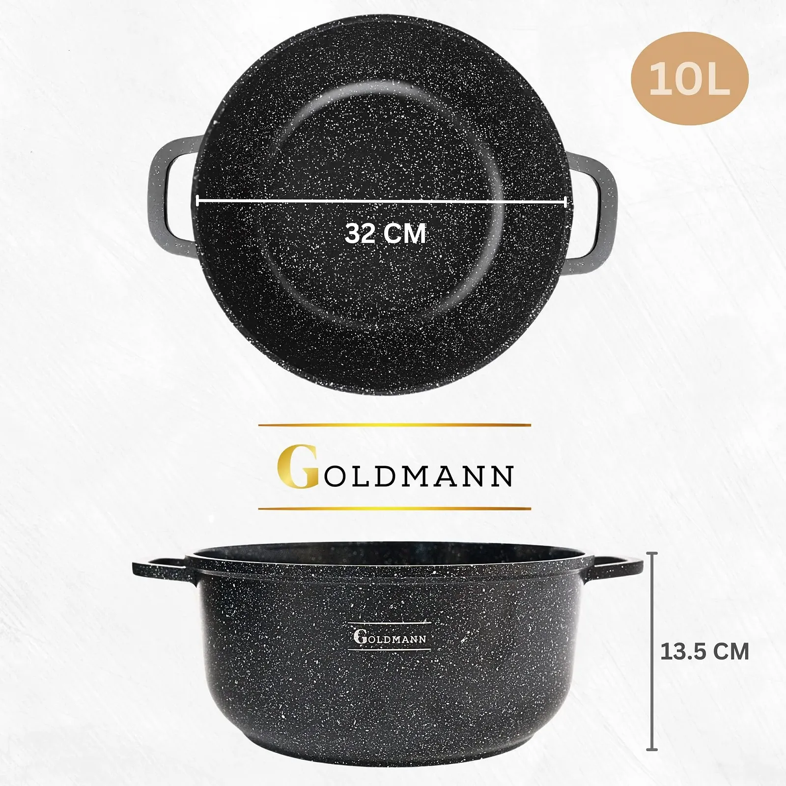 Каструля GOLDMANN 32 см з антипригарним покриттям та скляною кришкою, 9.9 л з мармуровим керамічним покриттям, фото №4 Каструля GOLDMANN 32 см з антипригарним покриттям та скляною кришкою, 9.9 л з мармуровим керамічним покриттям, фото №4