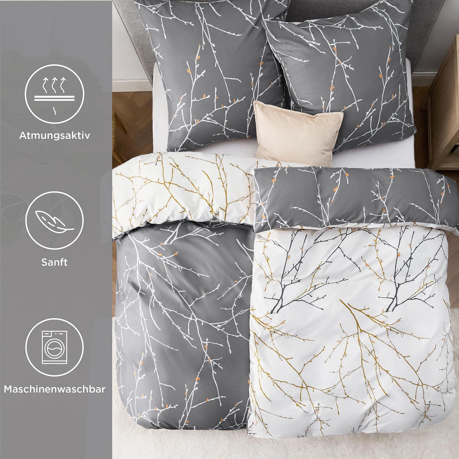 Постільна білизна BEDSURE 135 x 200 см, 4 предмети, сірий візерунок "Гілки", з блискавкою, фото №2