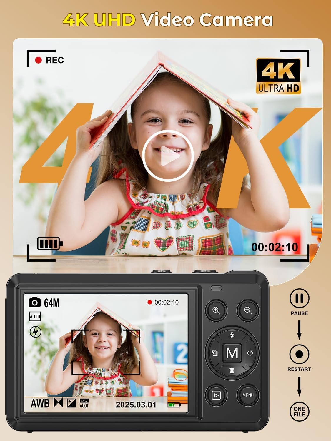 Цифровая Фотокамера 4K 64MP, 2.8 Дюйма UHD Автофокус, Карта 32GB и Батарея, 16X Цифровой Зум, Перезаряжаемая Портативная Компактная, для Детей Начинающих Подростков, фото №3
