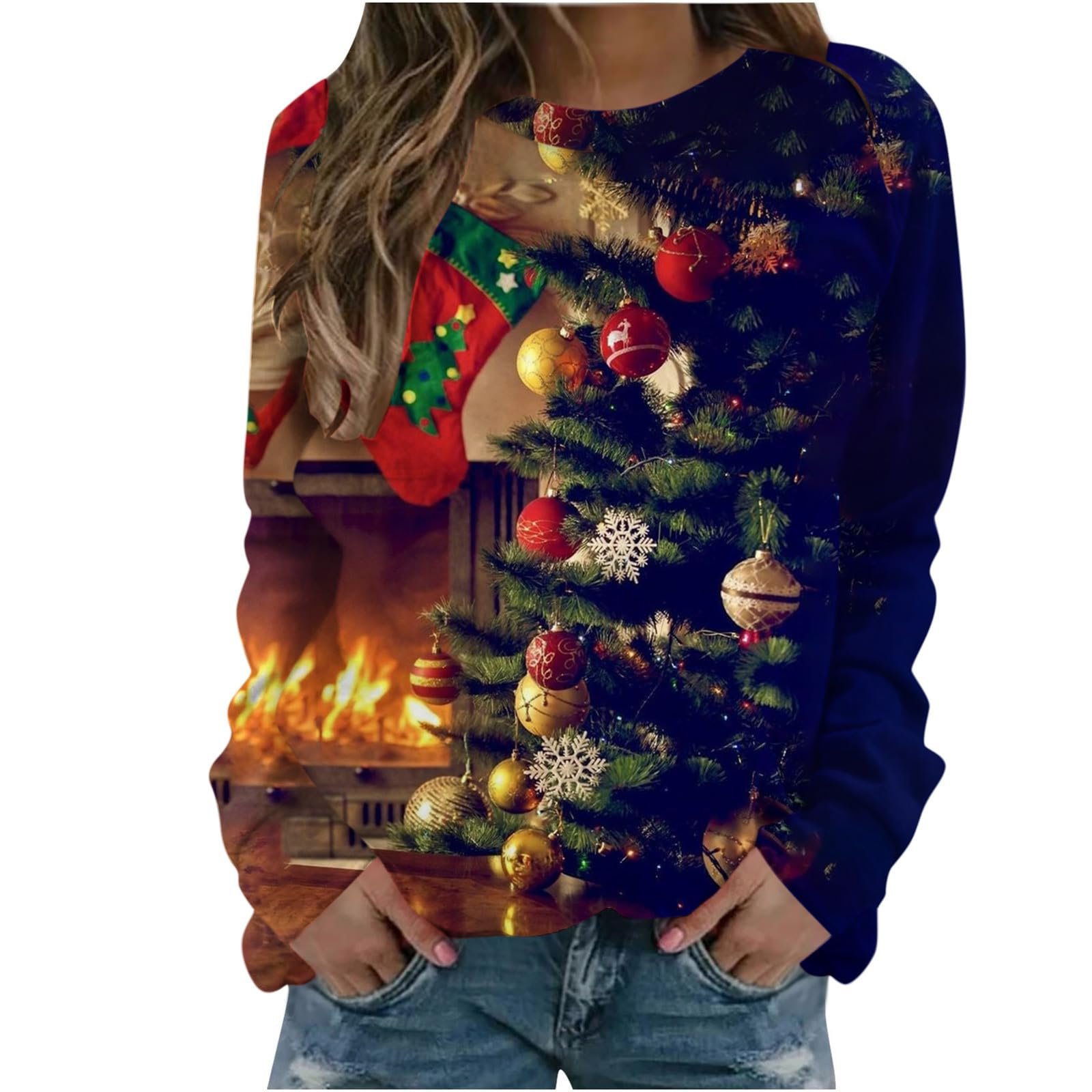 Жіночий Пуловер з круглим вирізом і різдвяним принтом, фото №1 Жіночий Пуловер з круглим вирізом і різдвяним принтом, фото №1