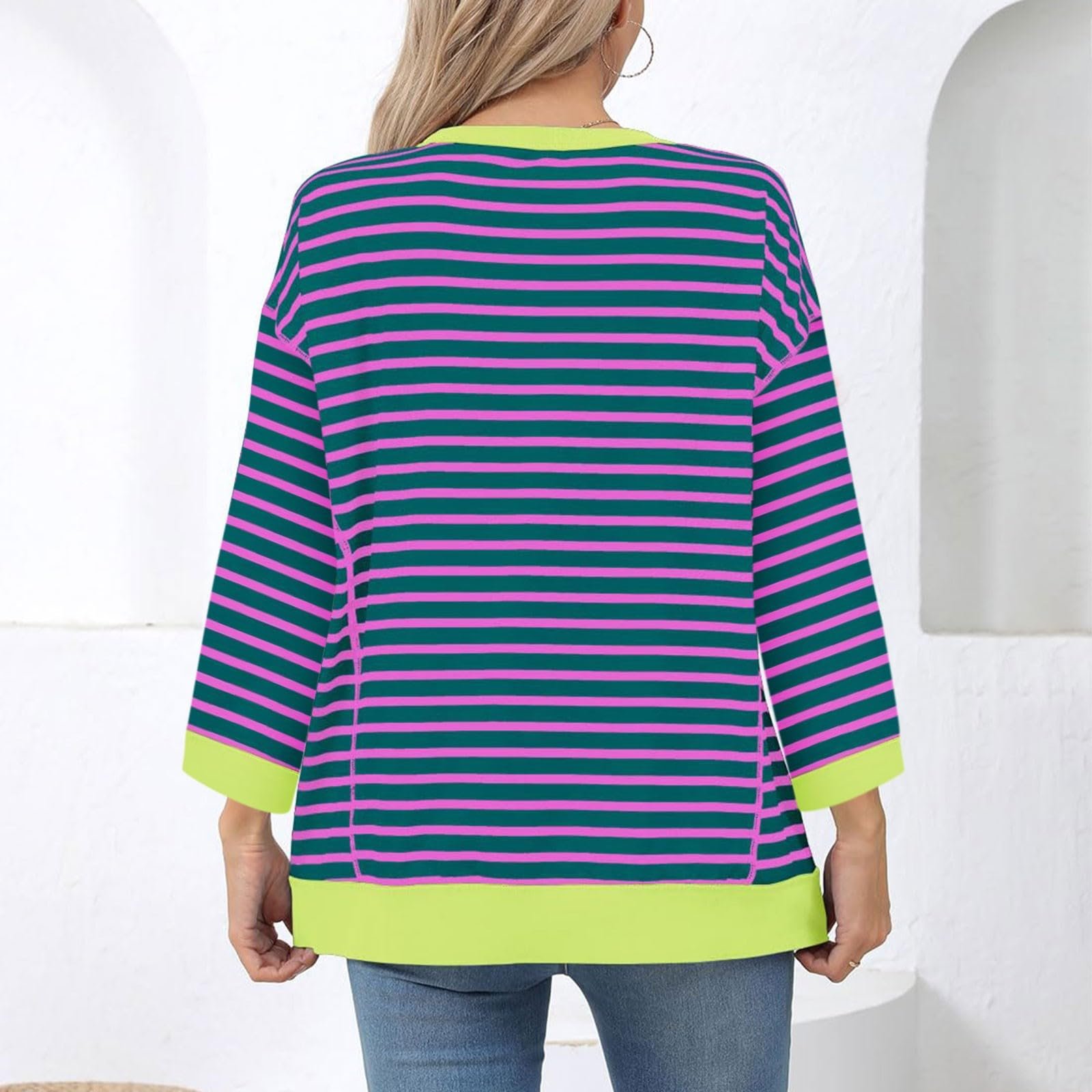 Женский Свитшот В полоску Oversize Цветной блок Круглый вырез Длинный рукав Свободный крой, фото №3