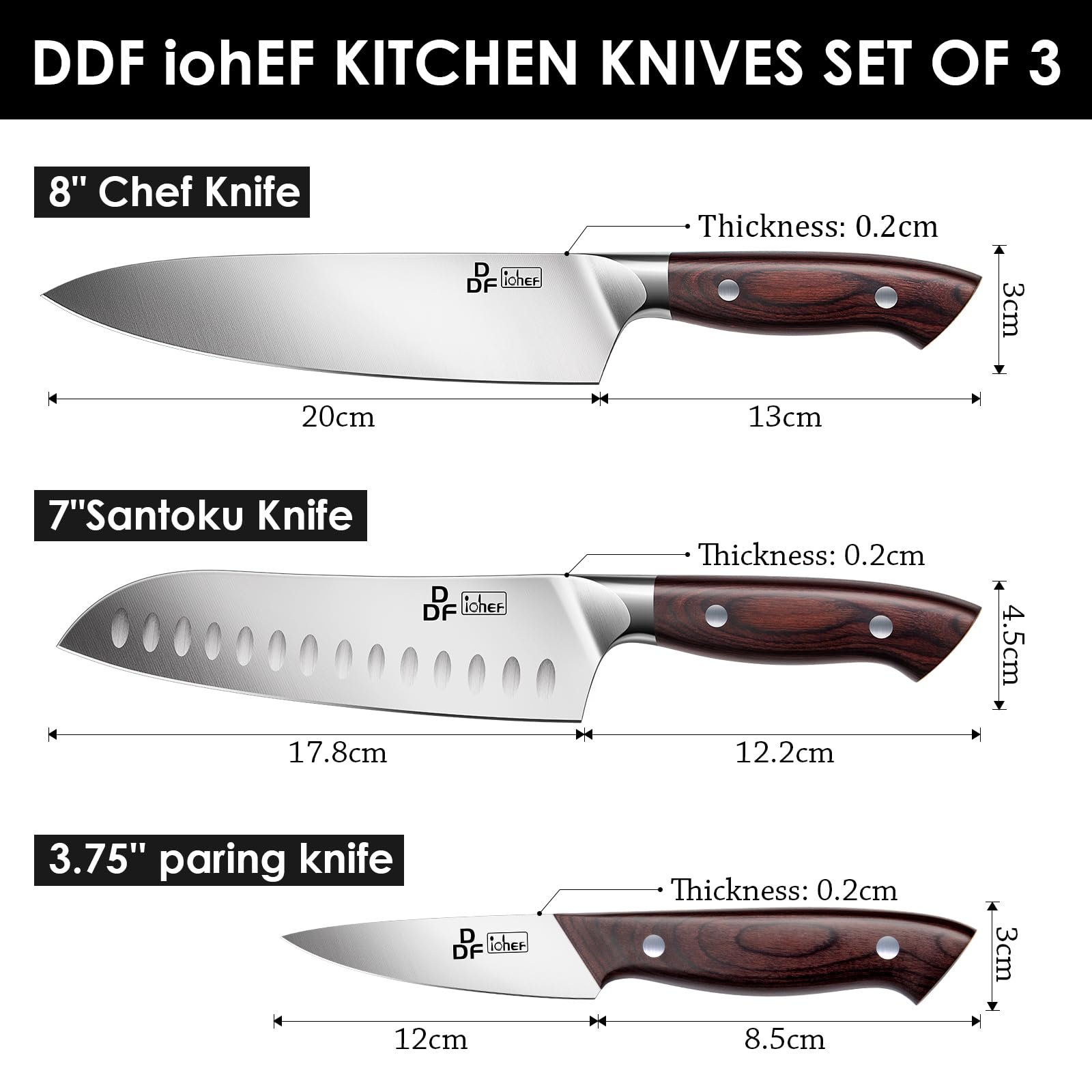 Набір ножів DDF iohEF, 3 шт.: кухонний ніж, професійний гострий ніж шеф-кухаря з нержавіючої сталі з ергономічною ручкою, включає ніж шеф-кухаря, ніж сантоку та ніж для очищення овочів, фото №5