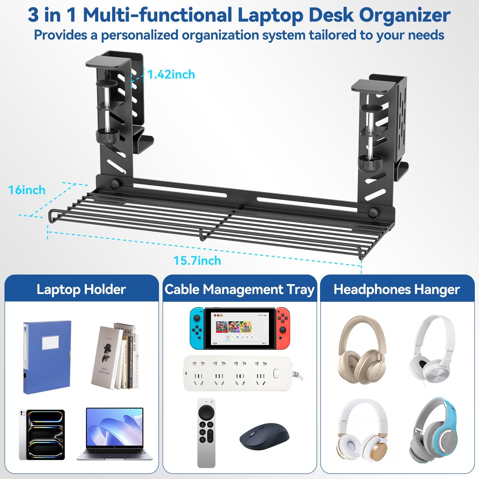 Подставка для ноутбука KDD 3 в 1, регулируемая настольная подставка с боковым хранением, органайзером для кабелей, держателем для наушников и кабельной стяжкой, зажимной держатель для ноутбука/гарнитуры, не требует сверления, фото №4 Подставка для ноутбука KDD 3 в 1, регулируемая настольная подставка с боковым хранением, органайзером для кабелей, держателем для наушников и кабельной стяжкой, зажимной держатель для ноутбука/гарнитуры, не требует сверления, фото №4