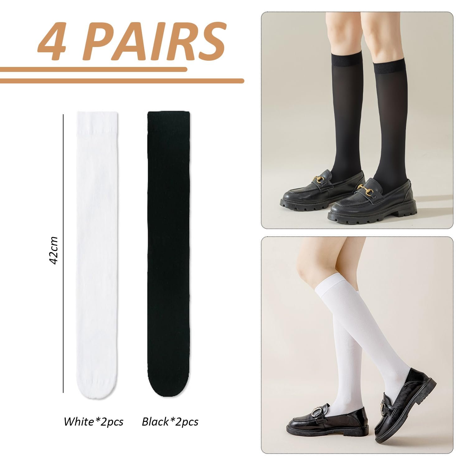 4 пары гольфов до колен, носки до икр, тонкие чулки, носки Jk, компрессионные носки для похудения икр, женские длинные носки, женские сексуальные гольфы до колен Черный, Белый, черный, белый, фото №2