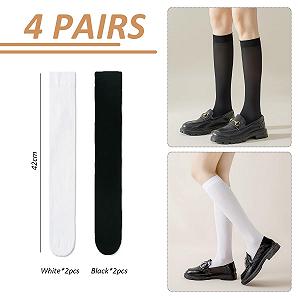 4 пары гольфов до колен, носки до икр, тонкие чулки, носки Jk, компрессионные носки для похудения икр, женские длинные носки, женские сексуальные гольфы до колен Черный, Белый, черный, белый synthetic.ua - Фото 1