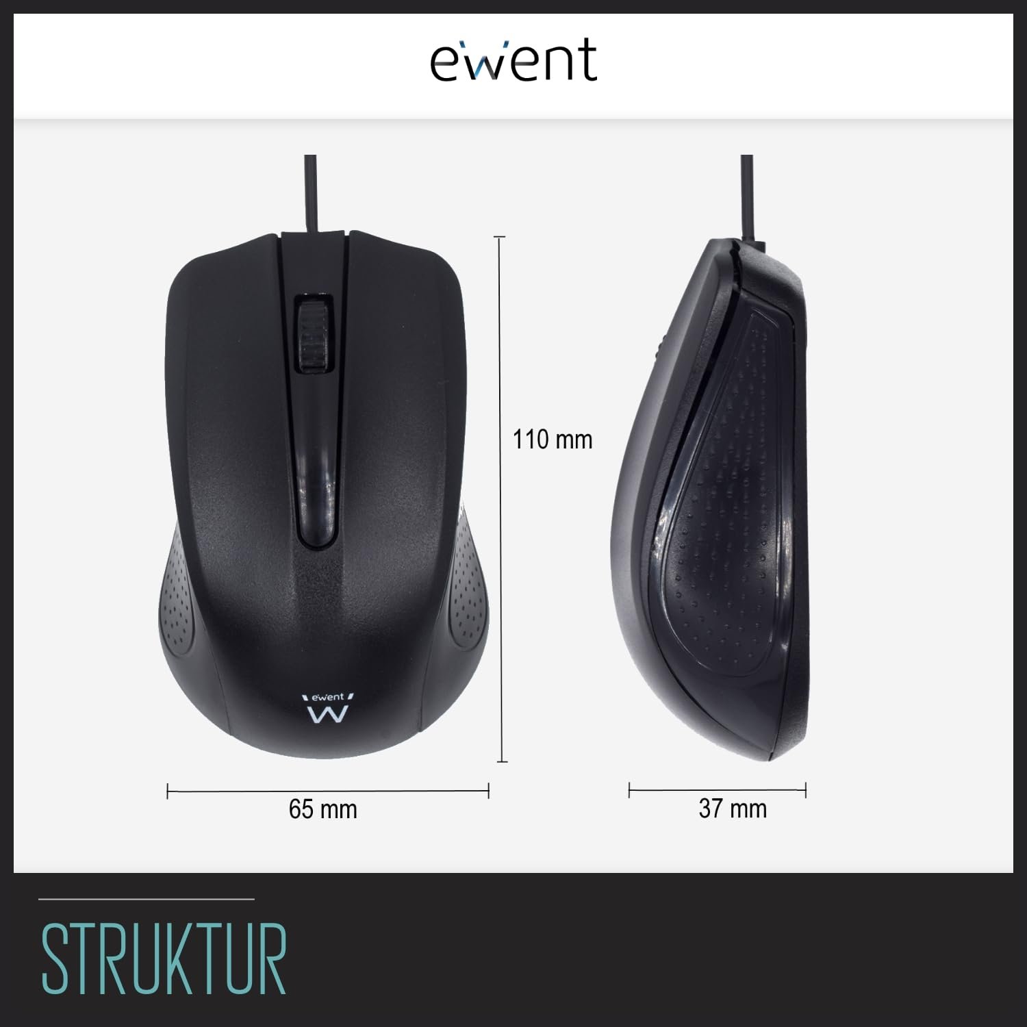 Мышь проводная USB оптическая 3 кнопки 1000 DPI эргономичный дизайн Ambidextrous черный, фото №5