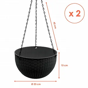 Набор подвесных кашпо (2 шт.) Плетеное (под ротанг) 23 см Пластик С металлической цепью Антрацит synthetic.ua - Фото 1
