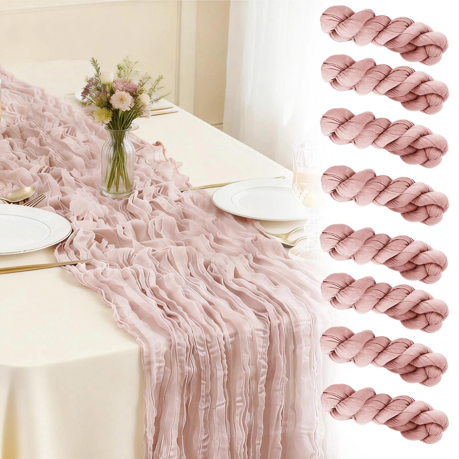 Скатертина-Ранер Vintage Pink 8 шт. 50 x 300 см марлева Gauze Cheese Cloth плісирована Vintage Pink, фото №1