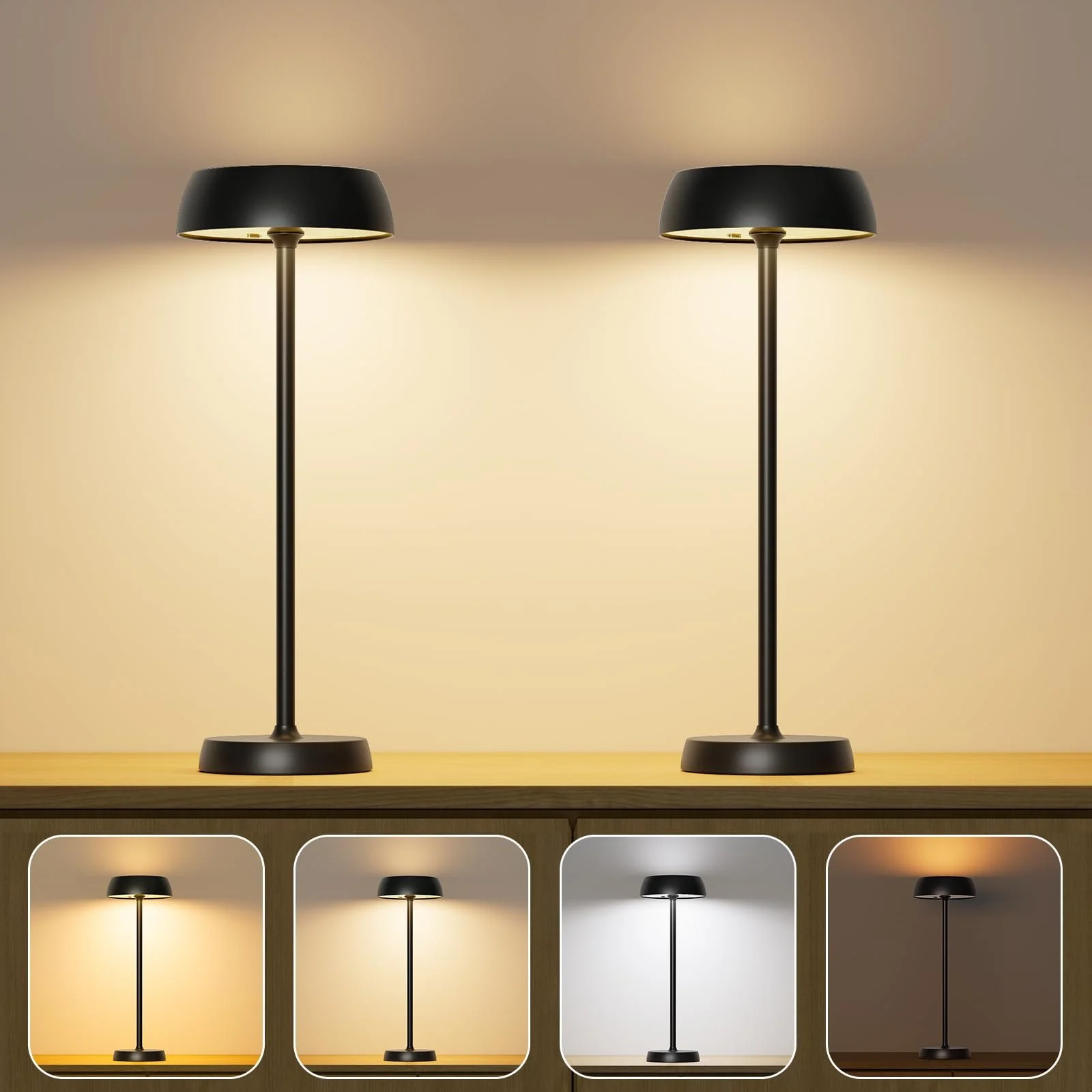 Настільна лампа бездротова світлодіодна акумуляторна з сенсорним керуванням та 4 режимами набір з 2 Чорна, фото №1