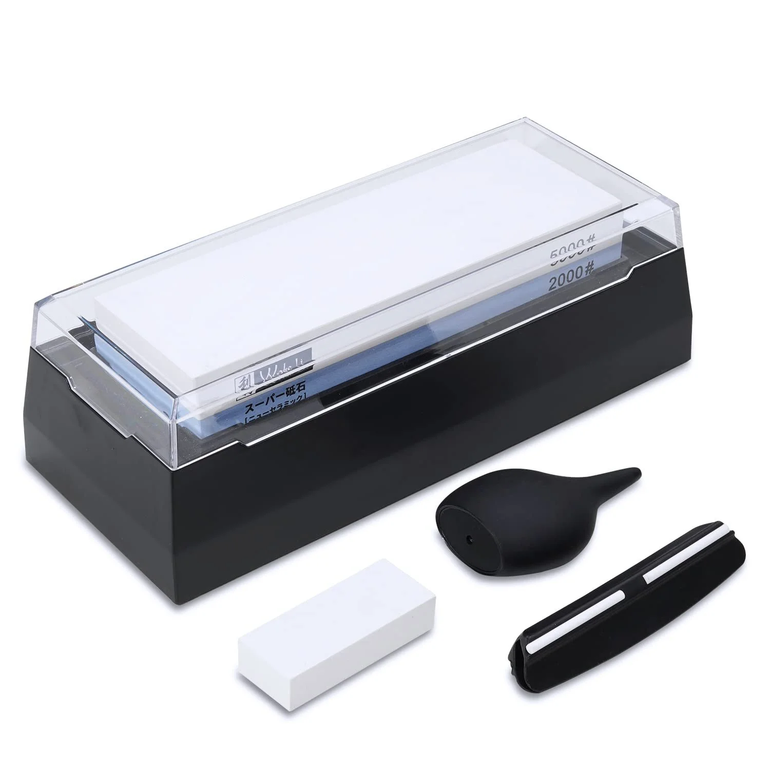 Точильний камінь Wakoli 2000/5000 двосторонній з корунду з направляючою та тримачем у пластиковому боксі, фото №1