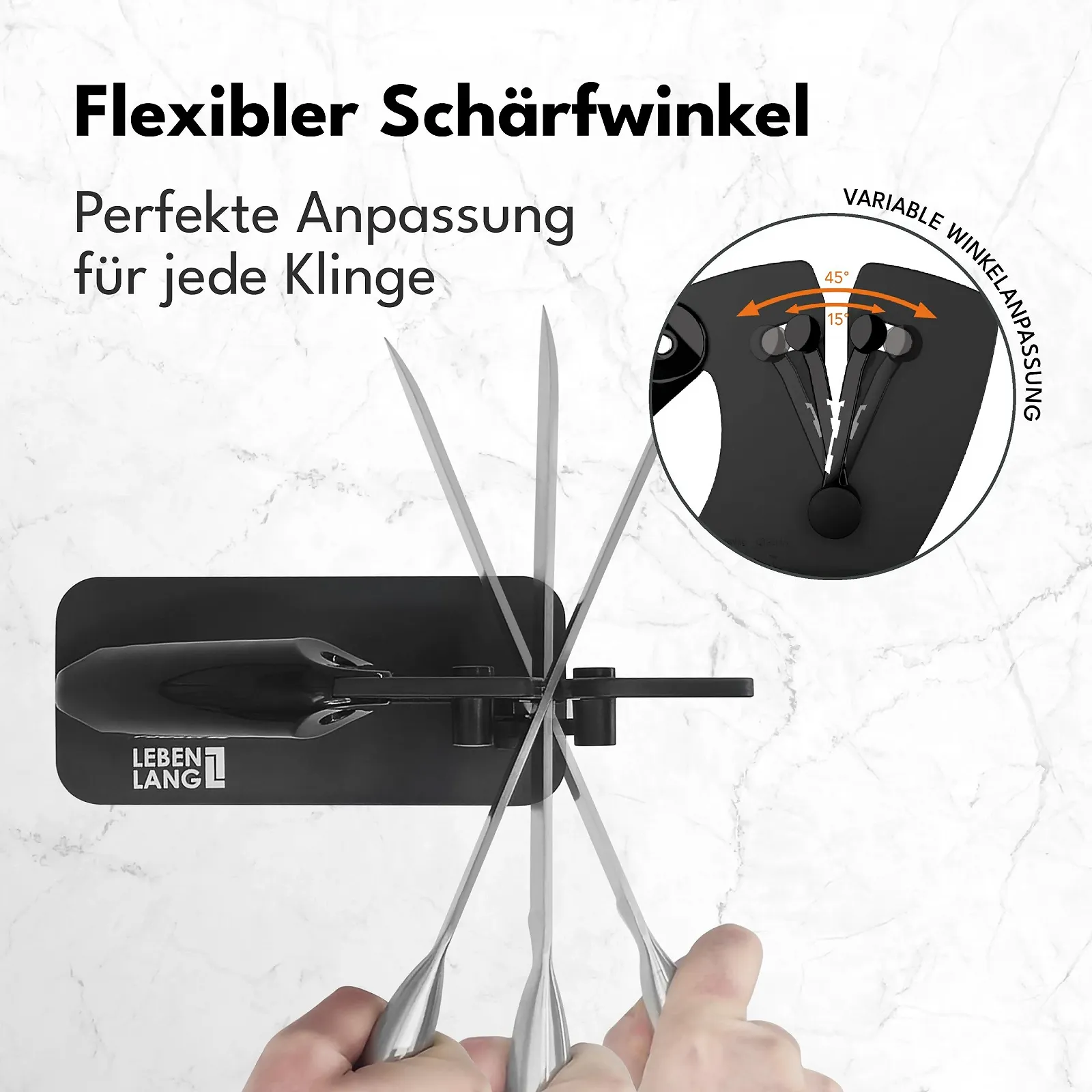 Точилка для ножів LEBENLANG Professional 15-45 градусів, рухоме V-подібне лезо, грубе та тонке заточування, для ножиць Чорний матовий, фото №5