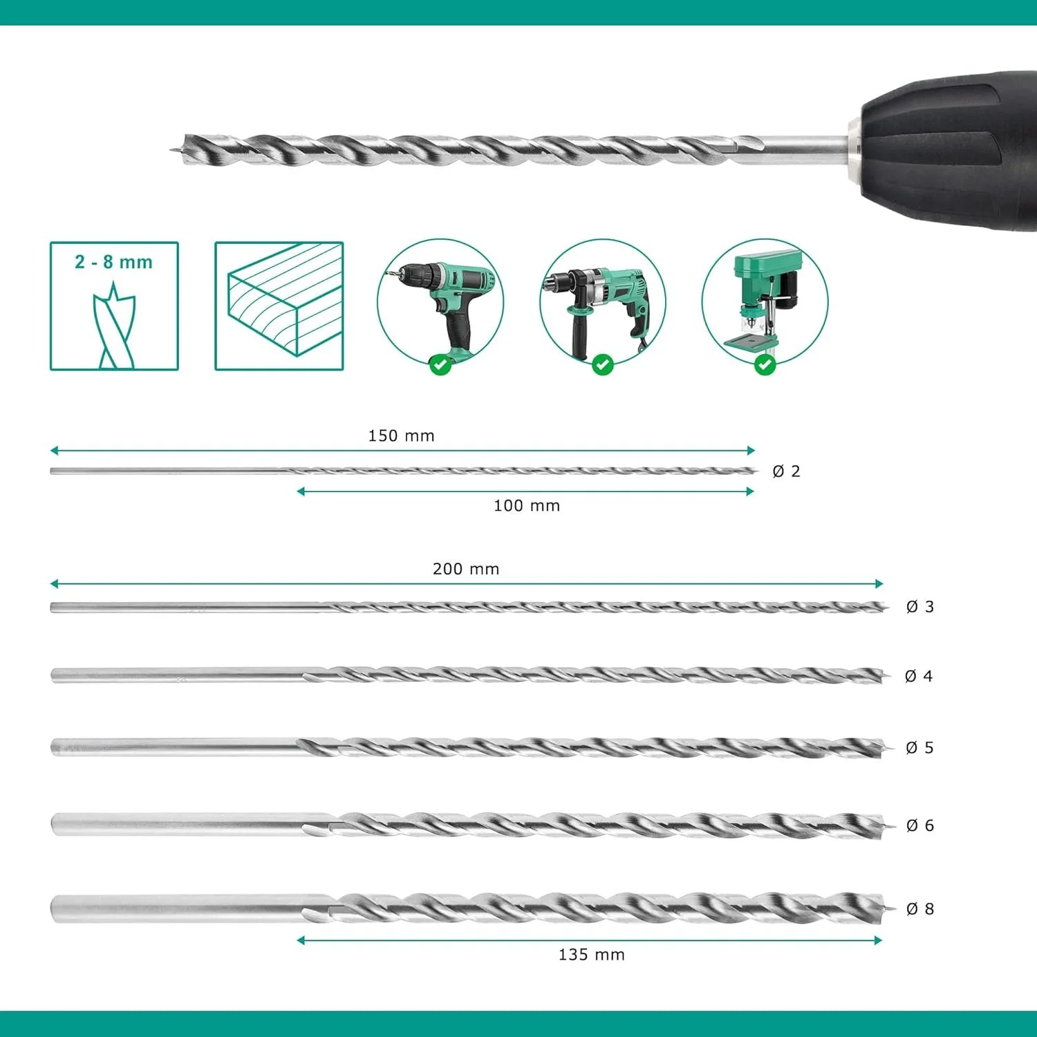 Набор сверл по дереву ENT 09246 Серебристый, фото №2 Набор сверл по дереву ENT 09246 Серебристый, фото №2