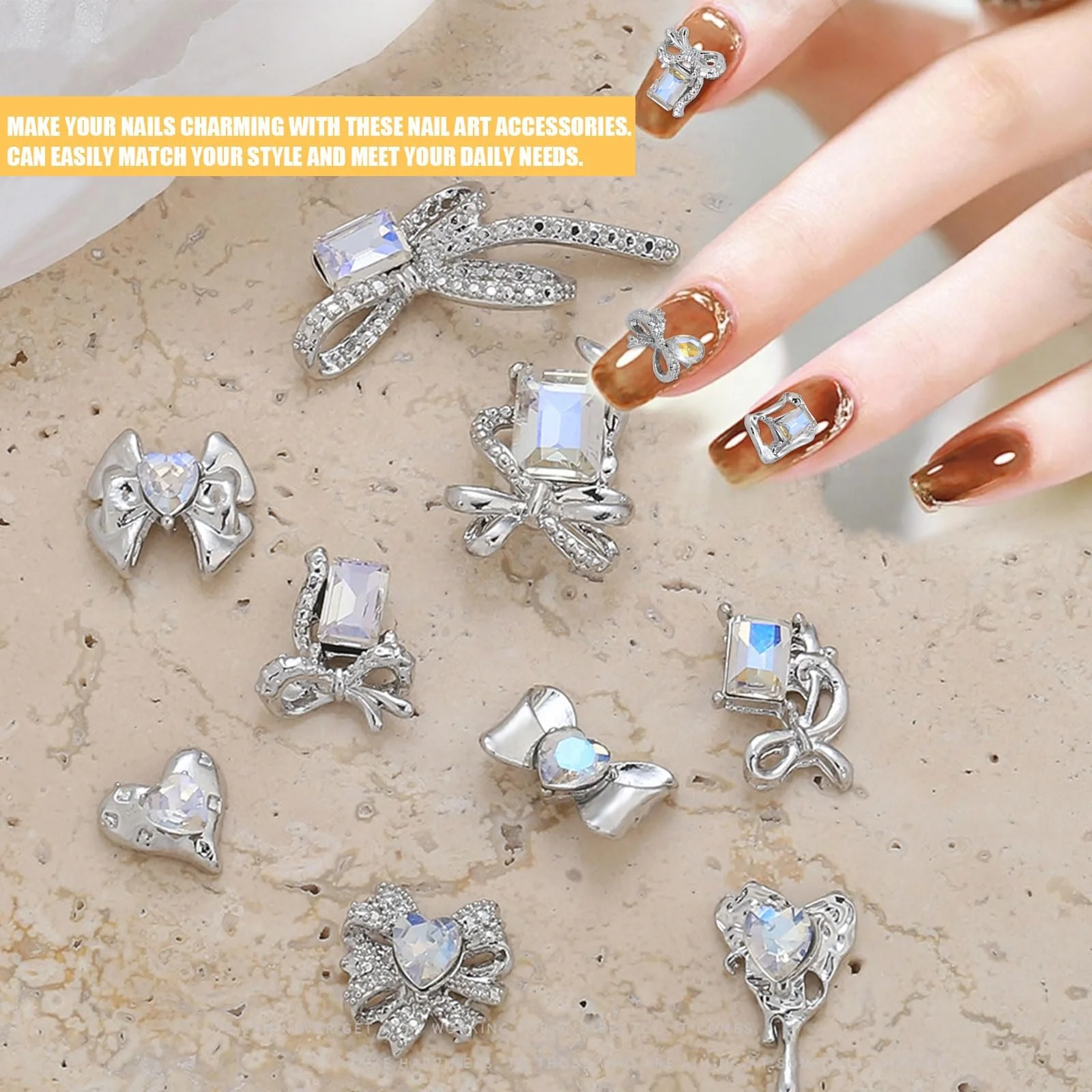 Стразы для ногтей Люкс, 40 шт, Металлические бантики, Сердечки, Металлические украшения для ногтей, Аксессуары для дизайна ногтей с блестками, фото №4