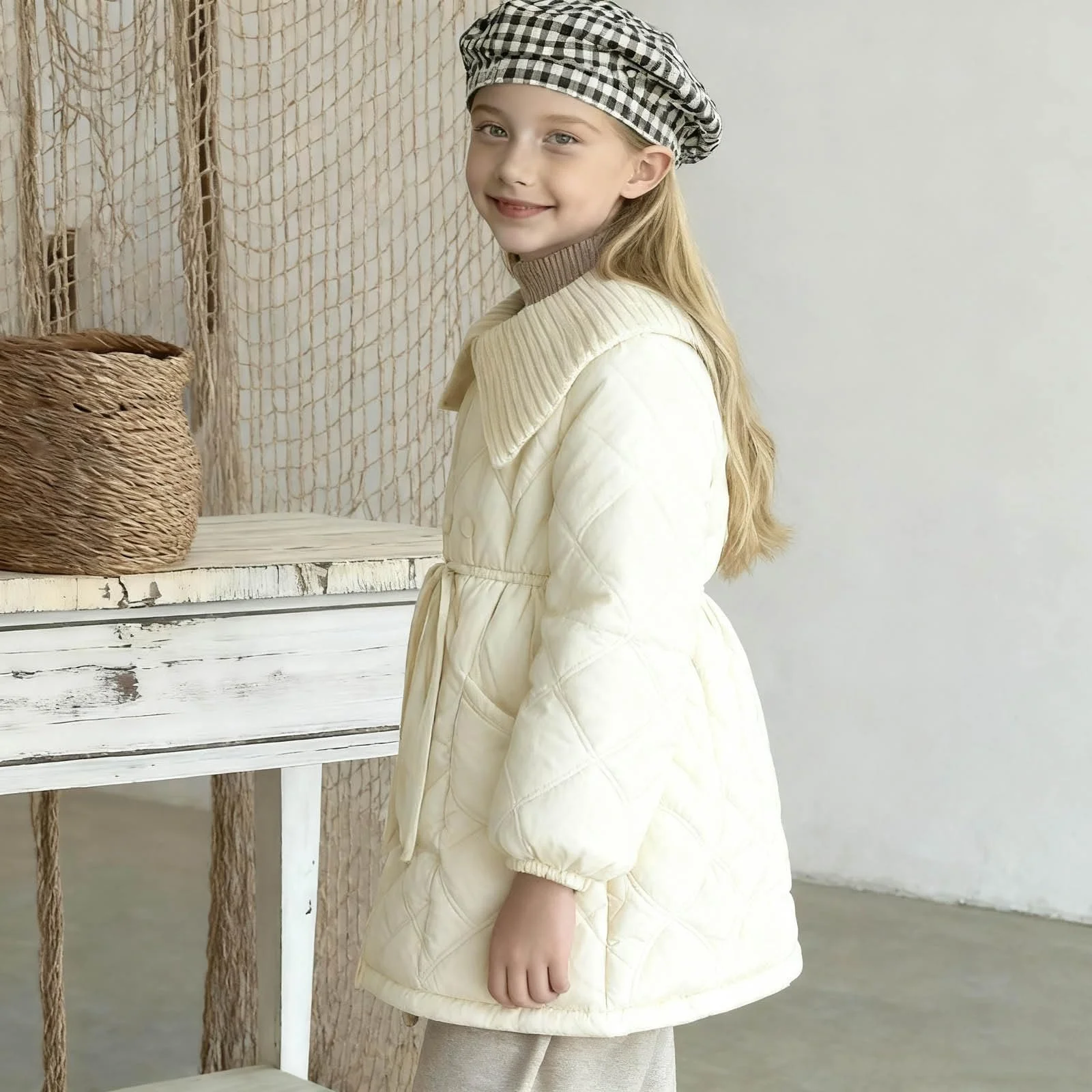 Куртка пуховая стеганая для девочек, средней длины, зимняя, с воротником шаль, элегантная, с поясом, двубортная, утепленная, верхняя одежда, повседневная куртка для улицы, фото №4