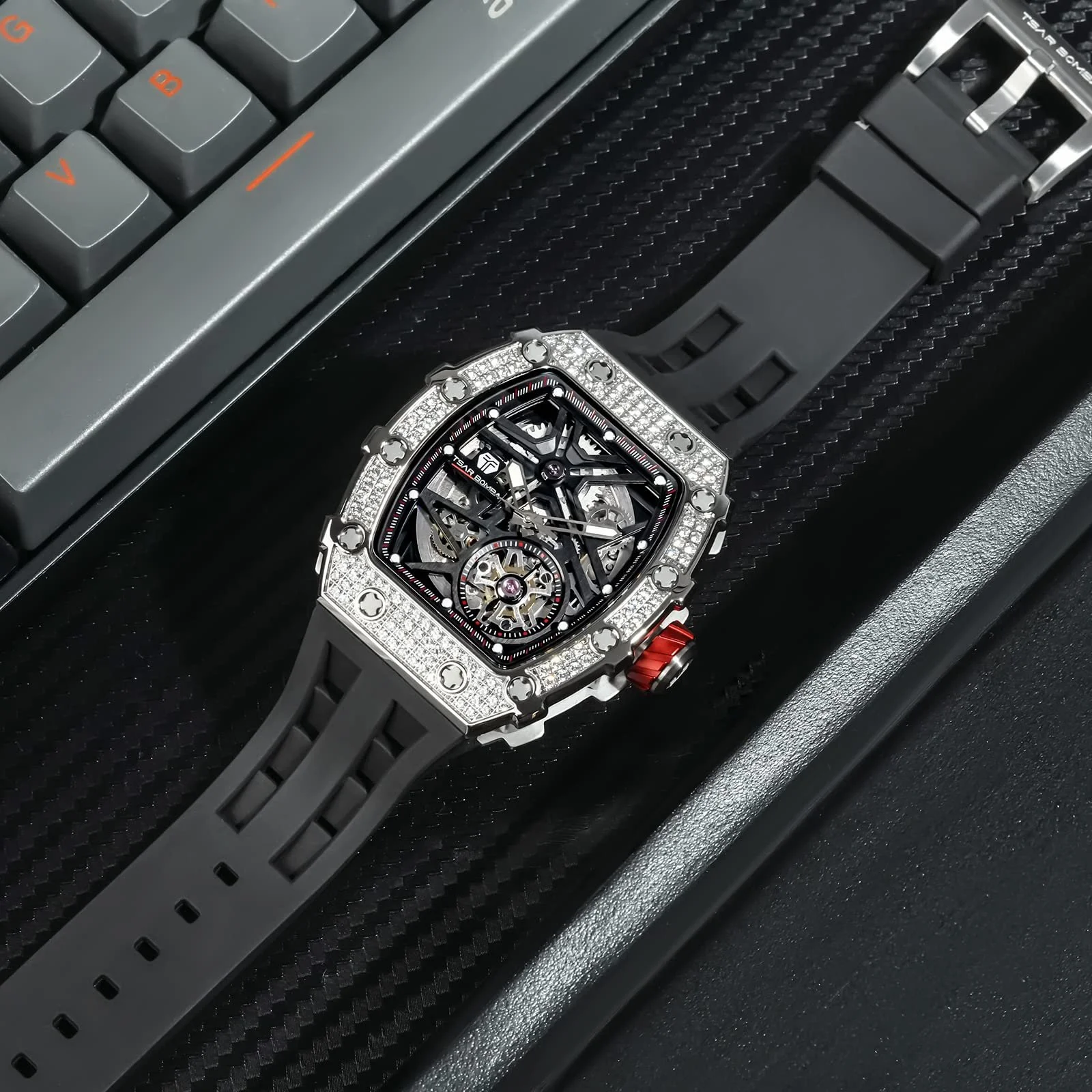 Мужские Автоматические Часы TSAR BOMBA, Японский Механический Механизм, Сапфировое Стекло, Водонепроницаемость 50 м, Безель из Углеродного Волокна, Силиконовый Ремешок, Роскошные Люминесцентные Квадратные Часы, фото №4 Мужские Автоматические Часы TSAR BOMBA, Японский Механический Механизм, Сапфировое Стекло, Водонепроницаемость 50 м, Безель из Углеродного Волокна, Силиконовый Ремешок, Роскошные Люминесцентные Квадратные Часы, фото №4