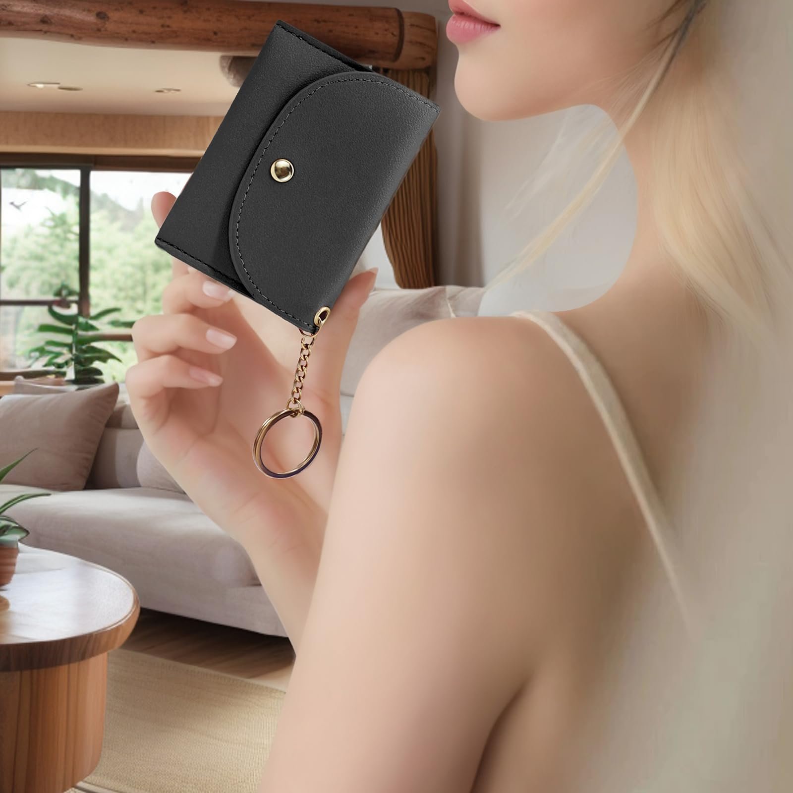 Кошелек AfitLulu Женский с Кольцом для Ключей и 2 Отделениями, Черный (black-1), Современный, фото №7
