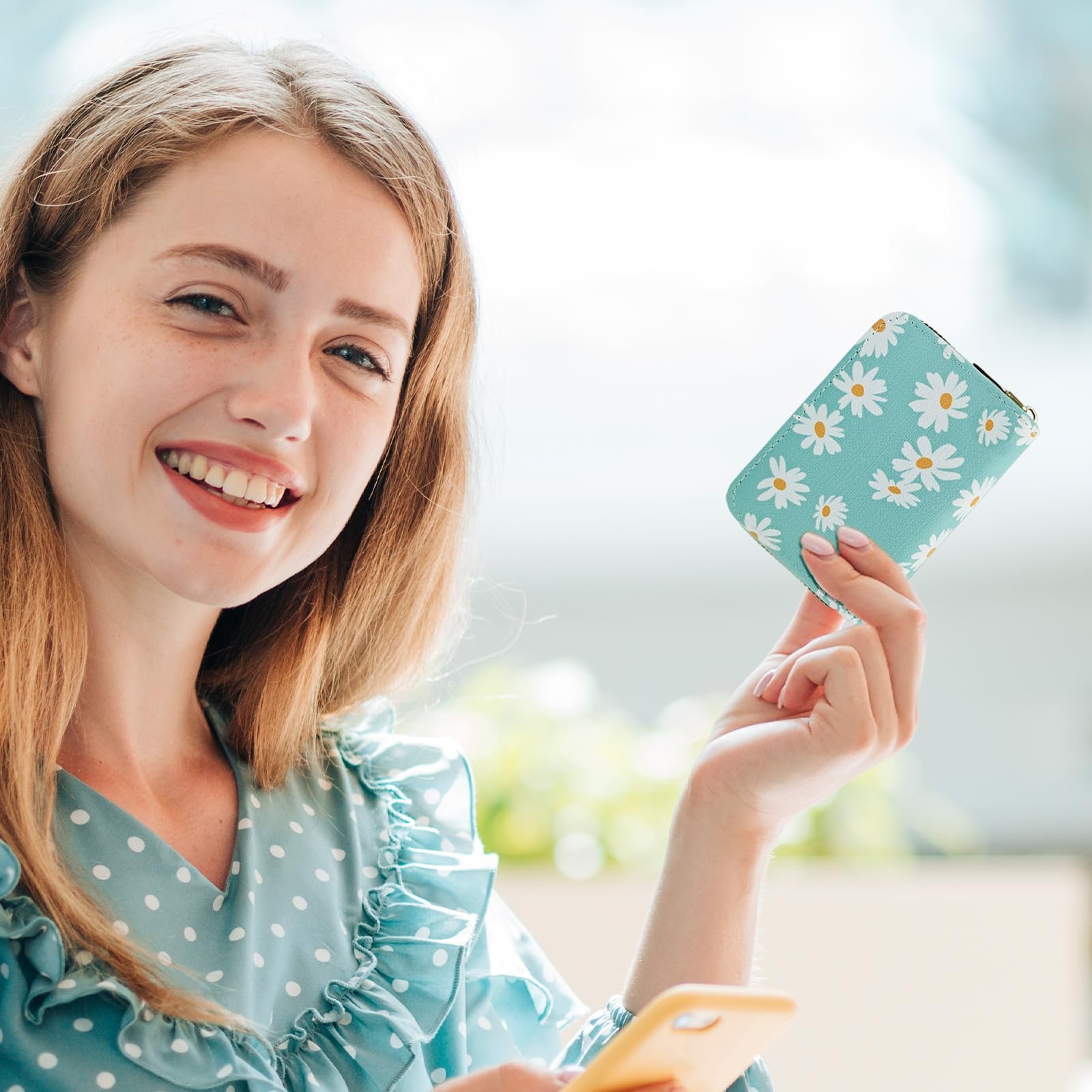 Кошелек AfitLulu Короткий Маленький для карт, RFID-защита, стиль аккордеон, искусственная кожа, с молнией и цветочным узором, оранжевый, современный, фото №7
