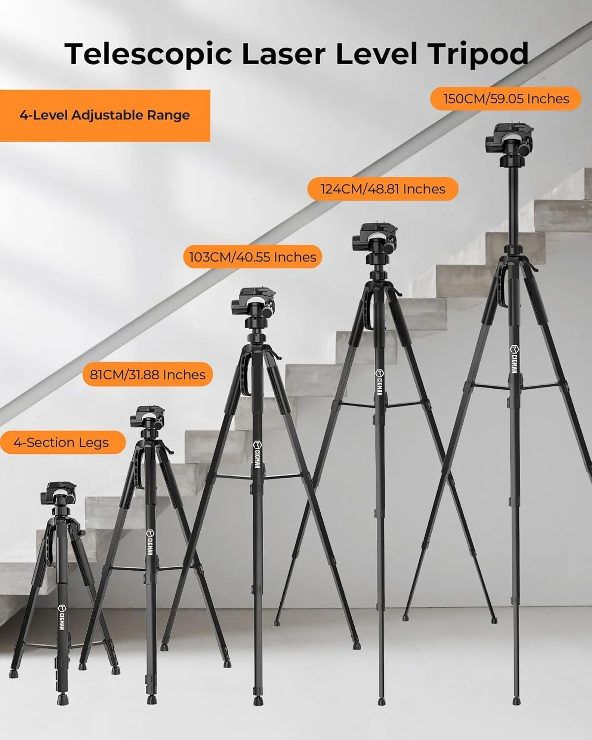 Штатив для лазерного рівня CIGMAN 1,5 м з алюмінію та спиртовим рівнем, фото №4