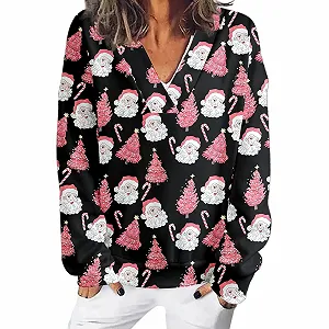 Рождественский джемпер Женский с длинными рукавами V-образным вырезом Рождественская елка Рождественский принт Многоцветный Свитшот Осенний джемпер - Фото 1