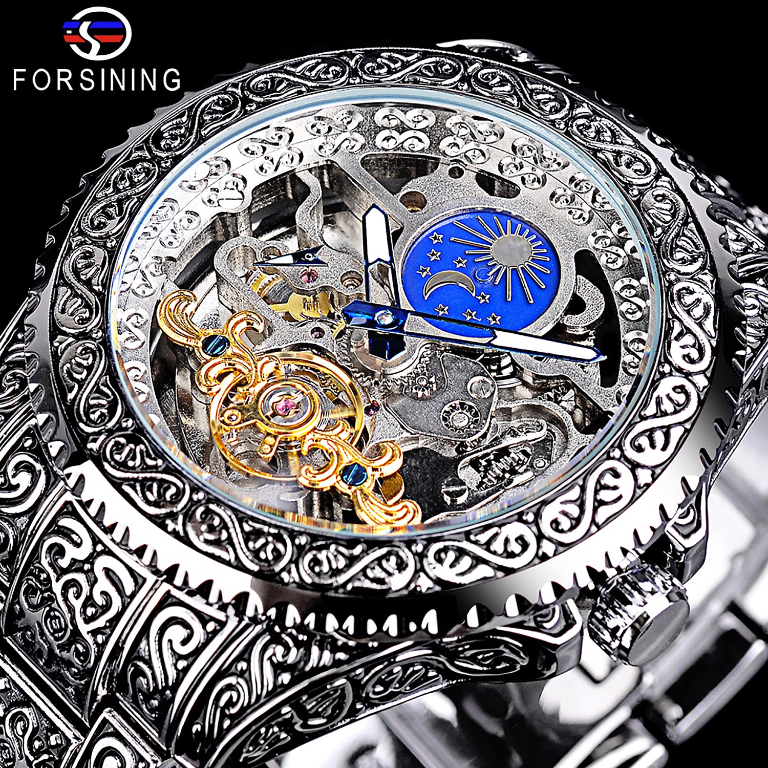 Часы FORSINING Retro Мужские Carved Self Winding Mechanical Tattoo Tourbillon Moon Phase Independent Second Skeleton Automatic Большой Циферблат Серебряный, серебряный, Браслет, фото №2