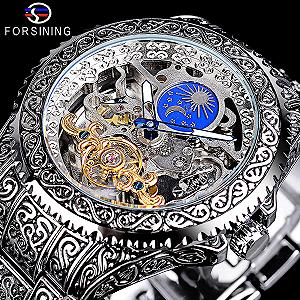 Часы FORSINING Retro Мужские Carved Self Winding Mechanical Tattoo Tourbillon Moon Phase Independent Second Skeleton Automatic Большой Циферблат Серебряный, серебряный, Браслет synthetic.ua - Фото 1
